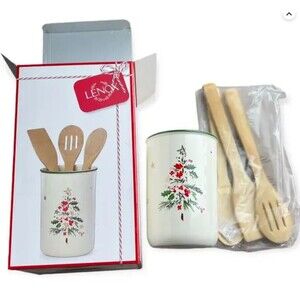 Lenox Merry & Pine Utensil Crock With Wooden Servers 7.25" Holiday Christmas